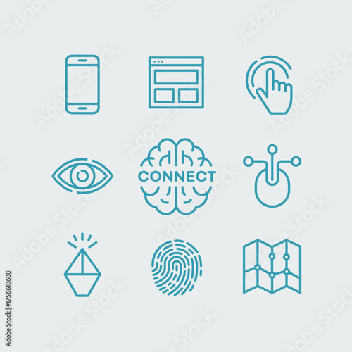 Stylized tech icons illustrating connective and interactive concepts, perfectly suited for technology firms focusing on user engagement and modern digital experiences.