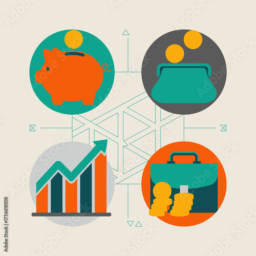 This image showcases various finance elements, including a piggy bank, coins, a wallet, and a graph, symbolizing savings, investments, and financial growth concepts.