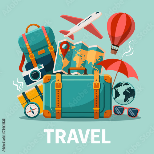 This eye-catching illustration displays a variety of travel gear including a suitcase, camera, maps, and other items, creating an inviting atmosphere for travelers.