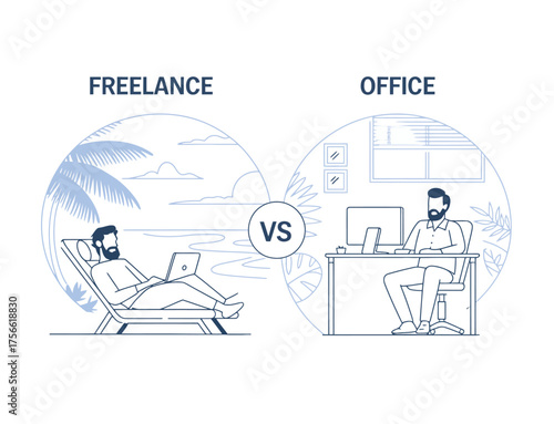 This image visually contrasts the relaxing freelance lifestyle by the beach with the structured office environment, highlighting the two different work modes.