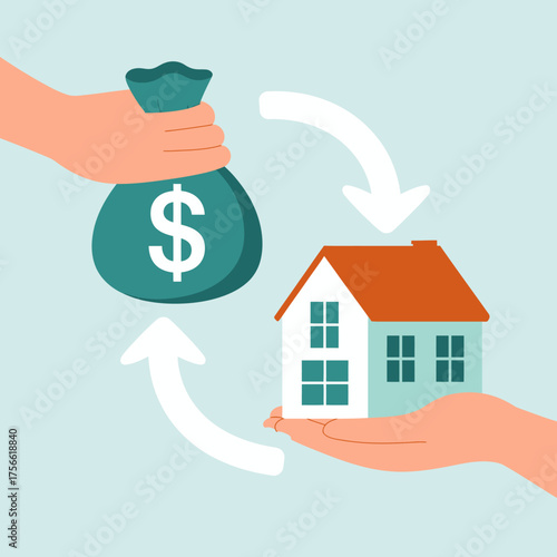 A visually engaging illustration of a home purchase transaction, depicting hands exchanging money for a house, highlighting the emotional and financial aspects of property ownership.