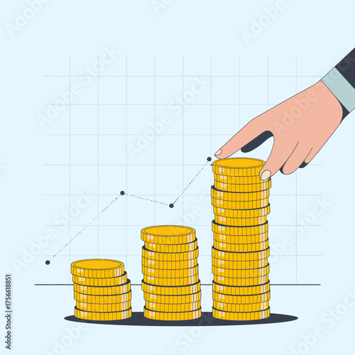 A clear illustration of financial progress through coin stacking, depicting the upward trend in investment while emphasizing the importance of economic growth and strategy.