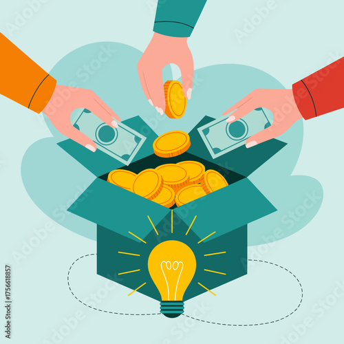 This graphic depicts hands depositing money and coins into a box with a lightbulb symbolizing the collaborative spirit behind nurturing new ideas and ensuring their financial growth.