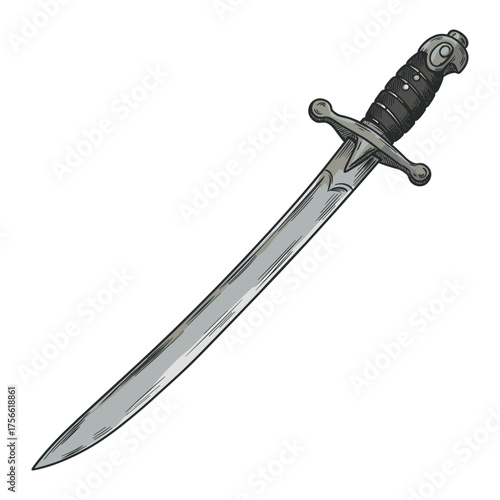 Detailed drawing of a curved, single-edged sword with a black hilt and crossguard. metal blade appears sharp and polished. Vector illustration