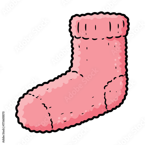 Pink cartoon sock with a fluffy texture and a thick, ribbed cuff, depicted in a playful and whimsical style. Vector illustration