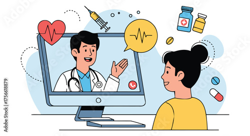 Doctor consults with patient online via video call on computer screen