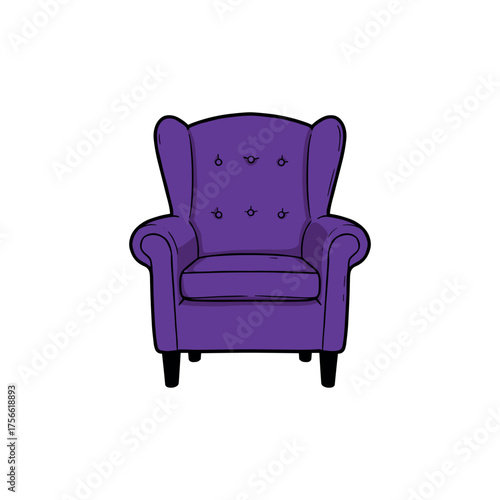 Purple cushioned armchair with high backrest and button detail on a white background. Vector illustration