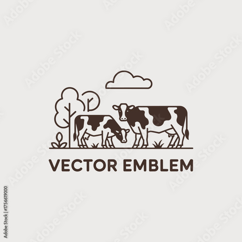 A creative vector emblem showcasing two cows alongside trees and clouds, designed to evoke pastoral scenes and agricultural themes in a simple yet effective manner.