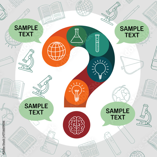 A visually striking image symbolizing scientific inquiry, featuring vibrant question marks intertwined with various academic tools, emphasizing curiosity and the quest for knowledge.
