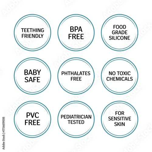 An array of informative product icons emphasizing child safety, denoting features like BPA-free and non-toxic materials, instilling parental trust in the products.