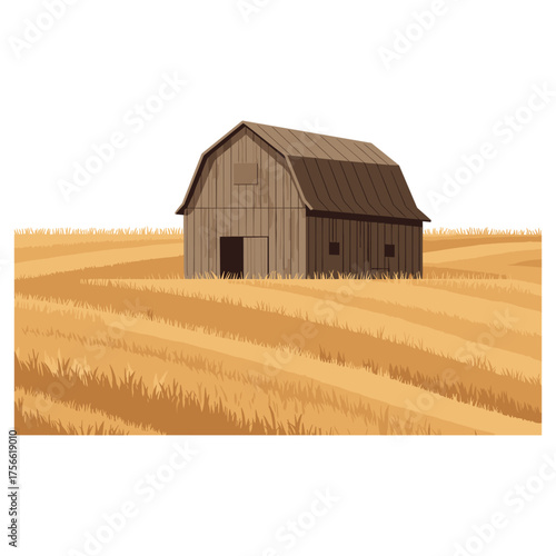 Rustic wooden barn set in the middle of a golden wheat field, showcasing the tranquility of rural farmland. Vector illustration