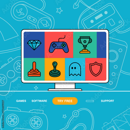 This image features a colorful assortment of game icons displayed on a computer monitor, capturing the essence of gaming culture and the excitement it brings to users.