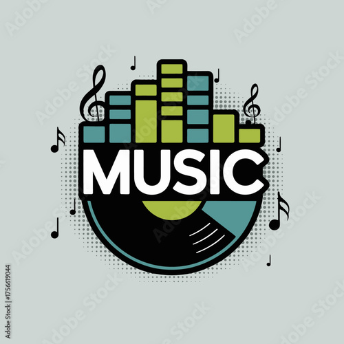 An innovative illustration showcasing a circular logo with the word 'music' prominently displayed alongside sound bars and a vinyl record, symbolizing sound and art.