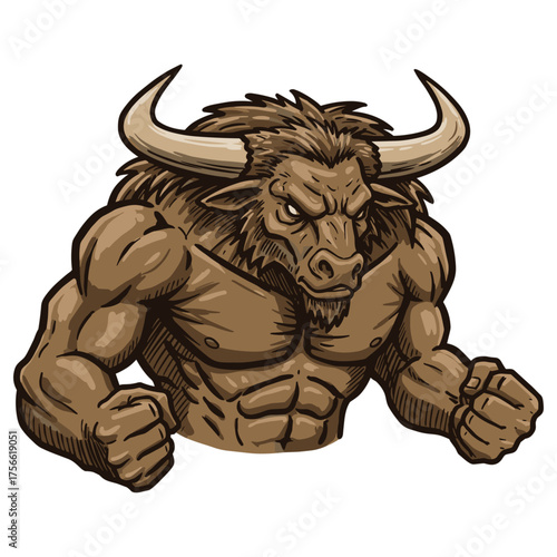 Muscular anthropomorphic bull with large horns and clenched fists, exhibiting strength and determination in a stylized pose. Vector illustration