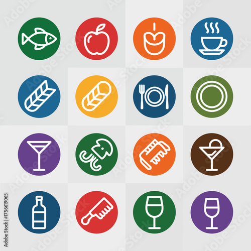 This image displays simplistic food icons rendered in bold colors and shapes, representing various dishes and ingredients, ideal for culinary-themed designs.
