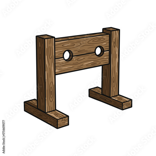 Wooden medieval stocks with two circular holes for securing the wrists, used historically as a form of public punishment. Vector illustration