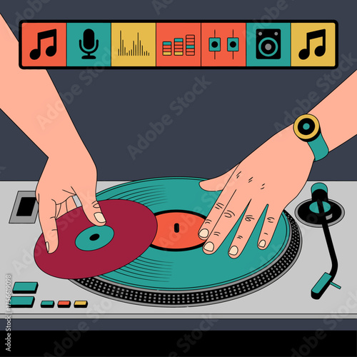 Two hands skillfully manipulating vinyl records on a vibrant turntable, showcasing the art of DJing and the joy of music creation in a modern setting.