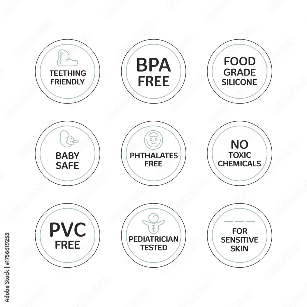 Fototapeta premium This image displays various BPA-free product icons designed for baby items, highlighting essential safety features like teething-friendly and baby-safe materials.