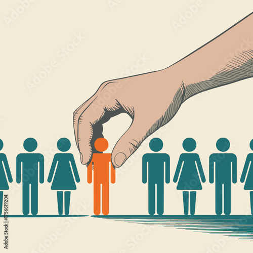 This visually striking image depicts a hand selecting a specific person from a lineup, highlighting themes of individuality, choice, and societal dynamics in a crowd.