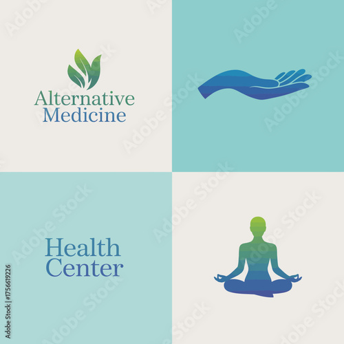 Showcasing two sets of elegant logos for alternative medicine and health center, emphasizing wellness, natural healing, and holistic practices in a modern design.