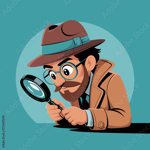 The detective is portrayed sitting at a desk, carefully analyzing evidence, surrounded by a dark room filled with documents and a lamp illuminating the scene of investigation.