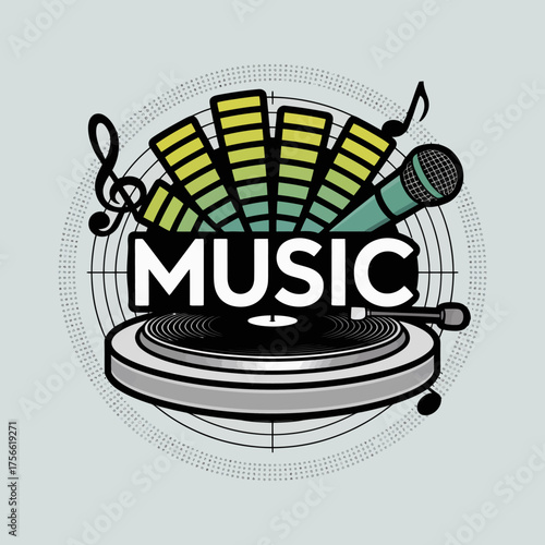 A stylish design emphasizing the word 'music' in a vibrant arrangement with microphones and vinyl records, capturing the dynamic spirit of the music industry.