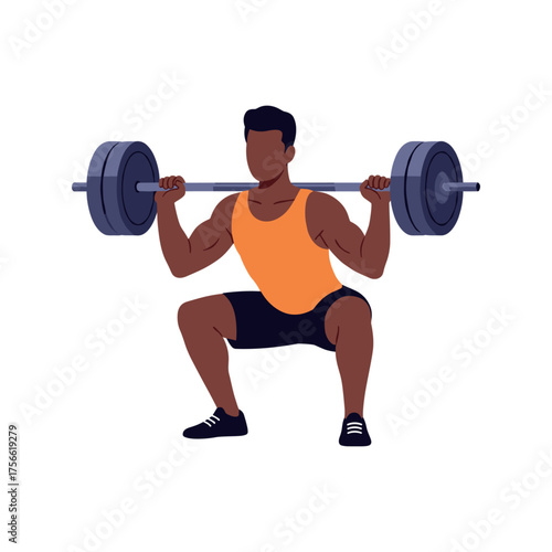 African male adult performing a squat exercise while lifting a barbell with weights, dressed in a sleeveless orange top and black shorts. Vector illustration