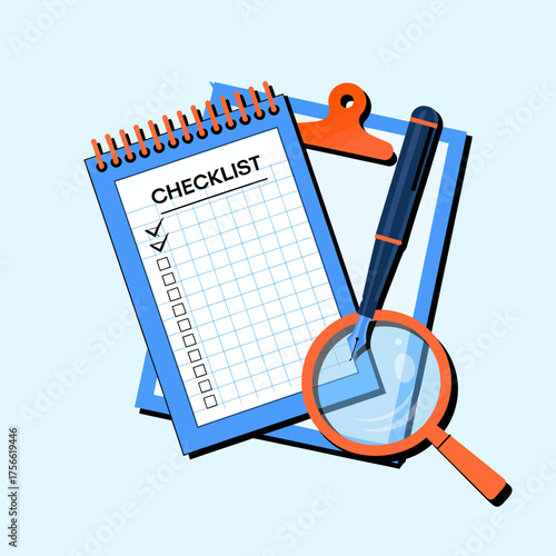 A checklist is highlighted by a magnifying glass, symbolizing organized planning and ensuring tasks are completed effectively in a bright, cheerful setting.