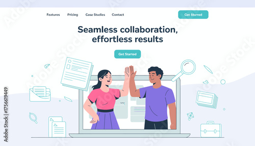 A stylish illustration showcasing two individuals high-fiving against a backdrop of digital tools, representing the benefits of seamless collaboration and effective teamwork.