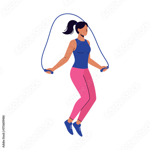 Female jumping rope exercise with blue top and pink leggings, demonstrating fitness and agility. Vector illustration