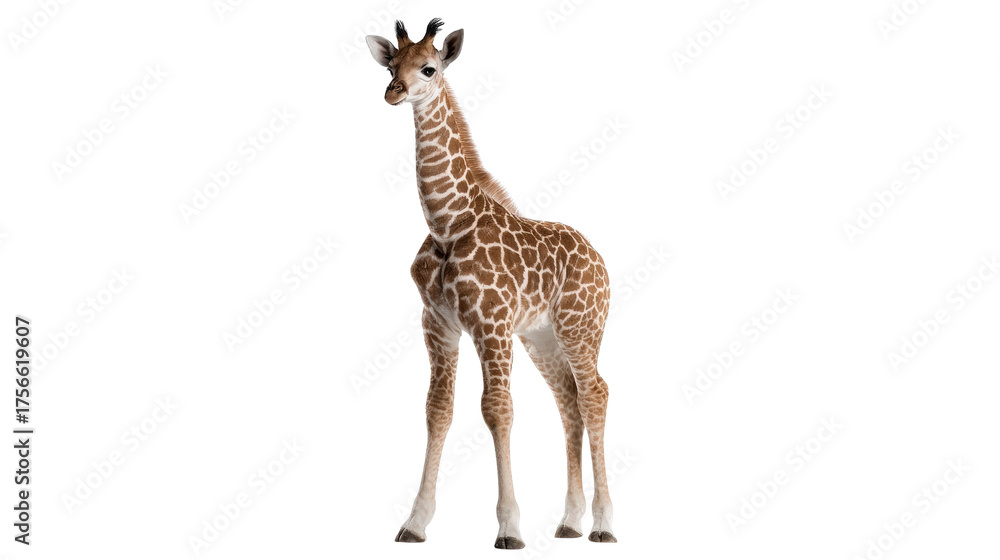 Naklejka premium Giraffe baby standing tall Transparent background, PNG file