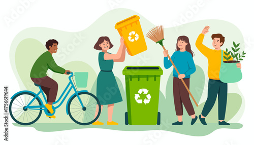 An illustration highlighting individuals working together in a recycling initiative, showcasing their commitment to environmental responsibility and healthy living through teamwork.