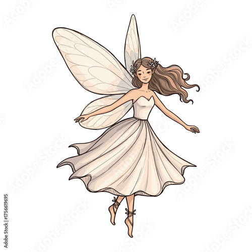 Elegant fairy with long flowing hair and delicate wings, wearing a white dress and adorned with floral accessories, gracefully floating in mid-air. Vector illustration