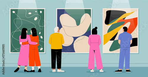 People admire colorful abstract artworks on display, evoking curiosity and conversation about artistic expression and interpretation within a contemporary gallery environment.