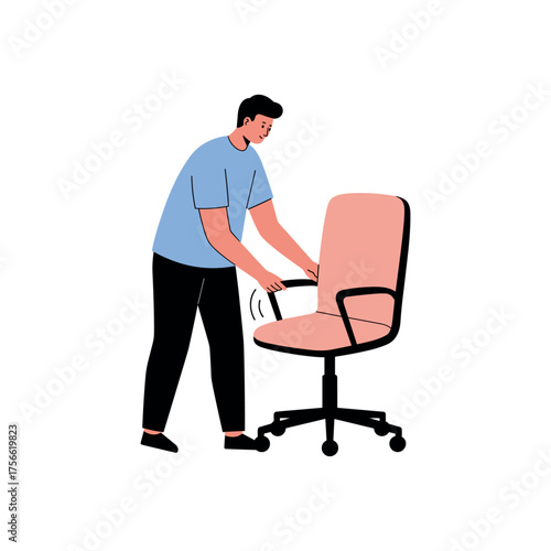 Young caucasian male adjusting a pink office chair, demonstrating ergonomic positioning in an indoor setting. Vector illustration