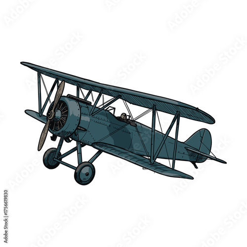 Vintage biplane in a detailed, hand-drawn style with dual wings and a front propeller, capturing a classic aviation design. Vector illustration