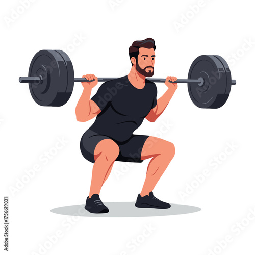 Male adult performing a back squat exercise with a barbell on his shoulders in a gym setting. Vector illustration