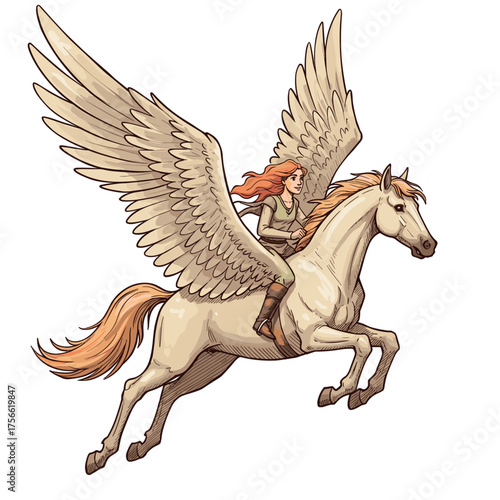 A young caucasian female with flowing red hair riding a large, majestic winged horse soaring through the sky. Vector illustration