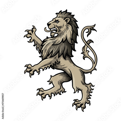 Heraldic lion standing on its hind legs with a raised paw, showcasing a fierce expression and intricate mane details. Vector illustration