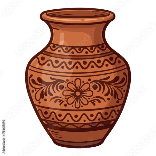Terracotta vase with intricate floral and geometric patterns, showcasing traditional craftsmanship and artistic design. Vector illustration