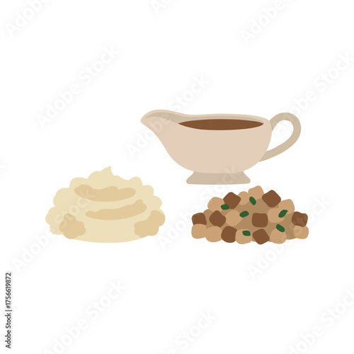 Simple illustration of a gravy boat next to a serving of mashed potatoes and a pile of peas and diced carrots. Vector illustration