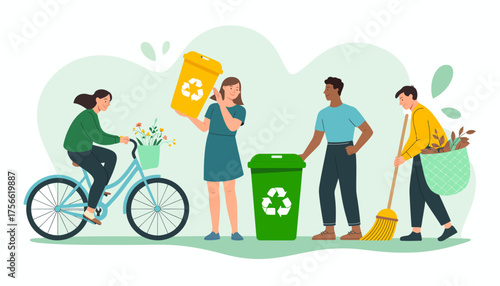 A lively depiction of individuals participating in eco-conscious practices like recycling and gardening, illustrating the beauty of community spirit and environmental stewardship.