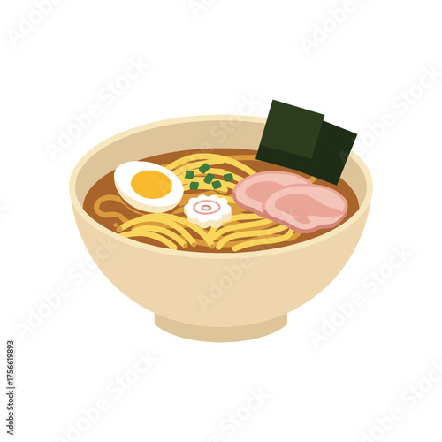 A bowl of japanese ramen with sliced pork, half a boiled egg, seaweed, and green onions garnished on top. Vector illustration