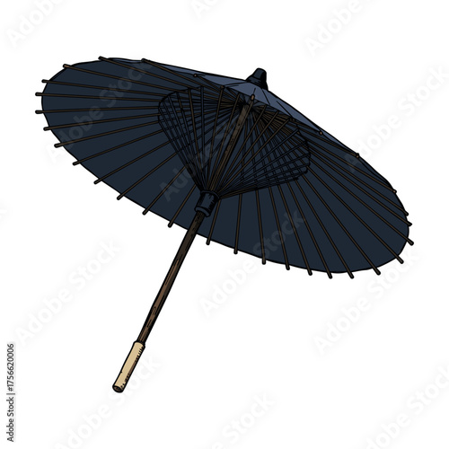 Traditional japanese paper parasol with intricate ribbing and a wooden handle, displayed at an angle. Vector illustration