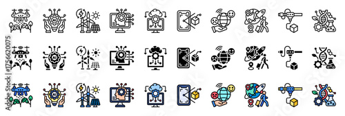 Set Of Drone Technology icon collection. with Outline, Glyph and Flat Line style. Containing Ai Innovation, Renewable Energy, Cognitive Computing, Cloud Computing, Augmented Reality.