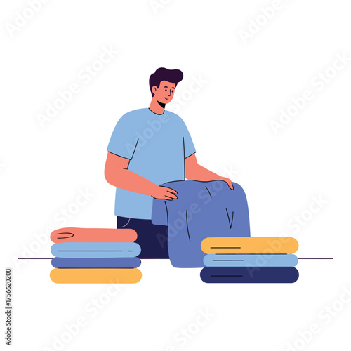 Young caucasian male neatly folding laundry, organizing clothes into tidy stacks with a pleasant expression. Vector illustration