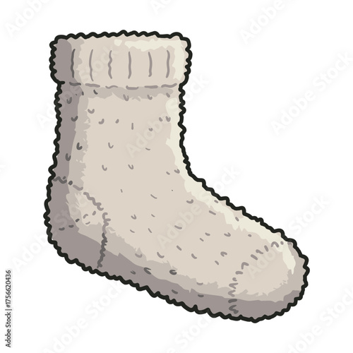 Cozy knitted wool sock in light gray color with ribbed cuff, suitable for warmth and comfort during cold weather. Vector illustration