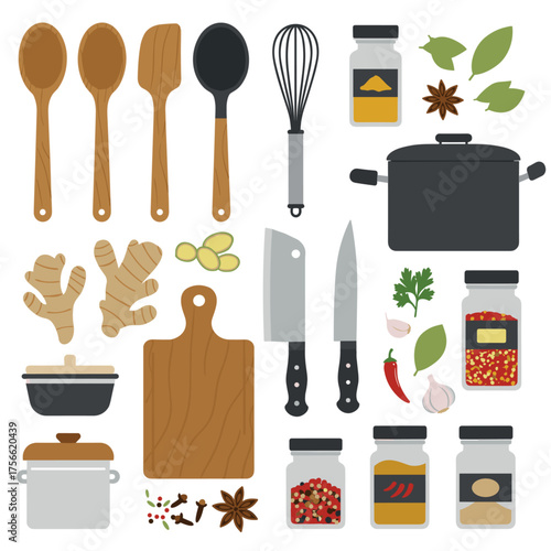 A diverse collection of kitchen utensils and ingredients, including wooden spoons, knives, seasoning jars, fresh ginger, and herbs for cooking preparation. Vector illustration