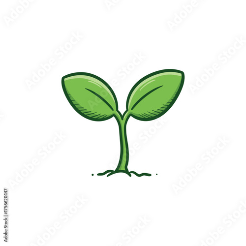 Green sprout with two leaves emerging from the ground, symbolizing new life and growth. Vector illustration