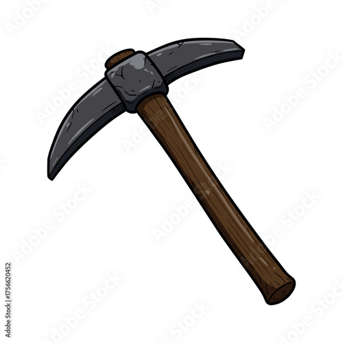 Sturdy hand tool with a wooden handle and a metal double-edged head, used for mining or gardening tasks. Vector illustration